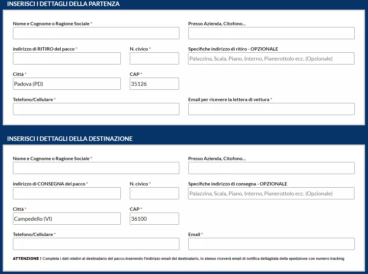Inserisci i dati mittente e destinatario per spedire da casa spedire pacco online spedirepaccoonline.it